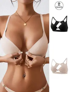 Women's Glitter Steel Ring Bra, Solid Color Push Up Bra with Transparent Straps, Soft Comfortable Breathable Lingerie for Daily Wear