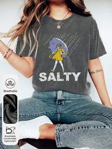 Salty Rain Girl Graphic, Print Tee Vintage Y2K Aesthetic Streetwear Cute Funny Design Soft Breathable Lightweight Cotton Loose Fit Casual, Everyday Tops for Women Trendy Retro Summer Outfit Comfortable Daily Wear Rainy Day Look Trending Fashion Tee
