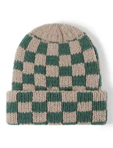 Checkered Chunky Knit Beanie Green