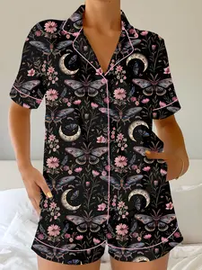 Night Garden Mystical Moth Magic Witchy Floral Satin Pajama Set, Halloween Magic Witchy Floral Pajama Sleepwear, Nighwear Set for Her