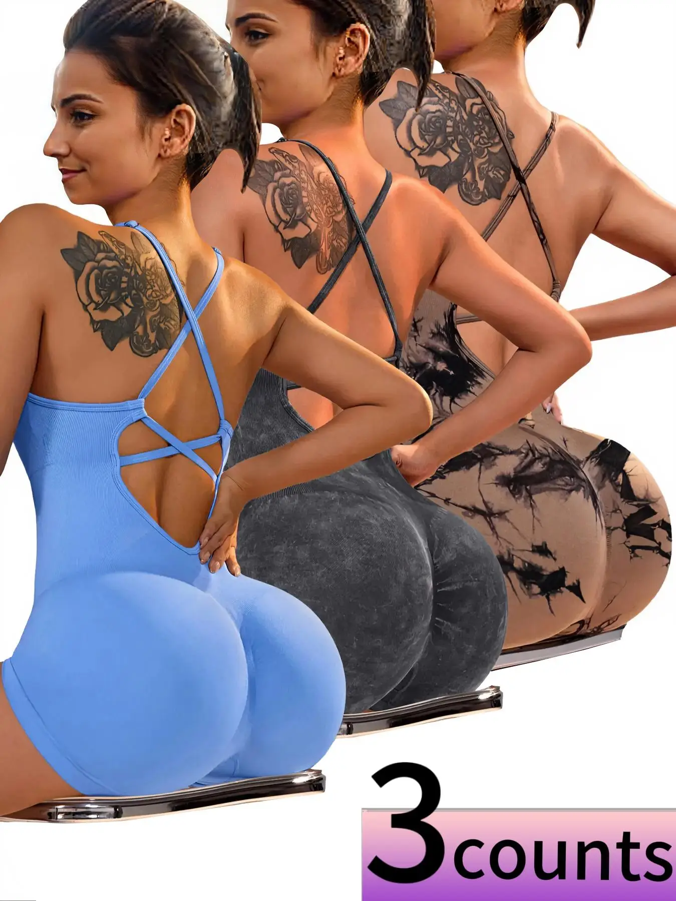 Women's Solid Criss Cross Backless Sports Romper, Athletic Casual Sporty Sleeveless Tummy Control Jumpsuit for Yoga Workout Running, Gym Clothes, Ladi