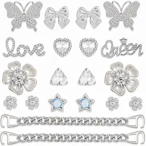 20 Pcs Silver Shoe Charms Chain Charms for Women'S Sandals Girls Slippers Butterfly Flower Pearl Clog Shoe Charms Bling Rhinestone Cute Decor for Party Birthday Footwear Bedroom