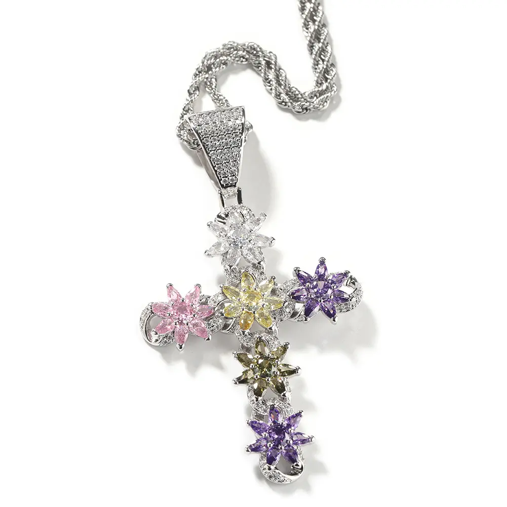 【FK】Ins‑Style New Colorful Icy Cross Pendant Necklace, Creative Hip‑Hop Pendant