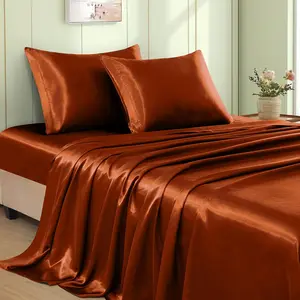 3pcs Rust Orange Satin Twin Size, 15 Inch Deep Pocket Silky Satin Sheet, Satin Cooling , 1 Sheet + 1 Flat Sheet + 1 Pillowcase