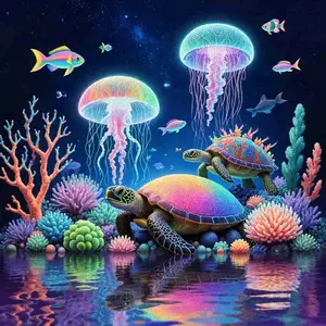 Magical Neon Underwater World Diamond Painting Kit - Glowing Jellyfish & Rainbow Sea Turtle, Colorful Coral Reef & Tropical Fish, 5D Full Drill Round & Square Rhinestone Cross Stitch, DIY Art for Ocean Lovers, Whimsical Marine Life Home Decor