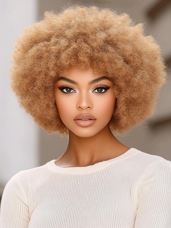 Blonde Afro Kinky Curly Wig, 180% Density Human Hair Machine Made Wigs with Bangs, Short Fluffy Wigs for Black Women, Cosplay & Daily Wear