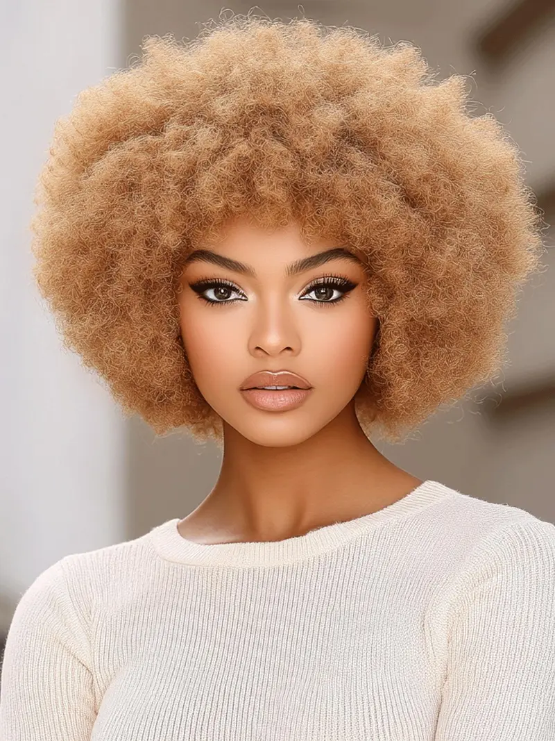 Blonde Afro Kinky Curly Wig, 180% Density Human Hair Machine Made Wigs with Bangs, Short Fluffy Wigs for Black Women, Cosplay & Daily Wear