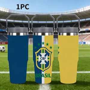 1pc 30oz Stainless Steel Vacuum Insulated Cup, Colorful Brazil National Team Design, Leak-Proof Travel Mug, Anti-Slip Base, Outdoor Camping Coffee Cup