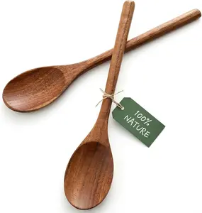 2PCS Natural Acacia Wood Cooking Spoons Set, 12in Large Stirring Spoons with Comfort Grip Handles for Nonstick Pots, Durable Kitchen Utensils, Ideal Kitchen Gifts for Women