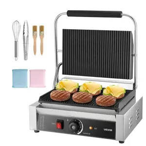 【Summervibes】VEVOR Commercial Panini Grill,  , 1800W Electric Sandwich Panini Maker, Stainless Steel Sandwichs Press with Handle and Temp Control, 13.5x9.3 in Full Grooved Enamel Plate, for Hamburger Steak Bacon