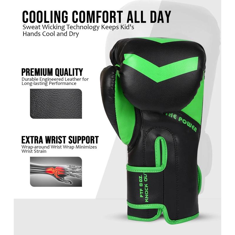 Exxact Sports Knockout Youth Boxing Gloves for Kids (3-15 Years) with Padded Protection and Wrist Support, Durable Engineered Leather Kids Boxing Gloves for Sparring (Black/Green)