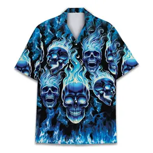 Blue Flame Skull Hawaiian Shirt Menswear, Graphic Collared Button Shortsleeve Aloha Top, Casual Tropical Polyester Streetwear Summer Clothes