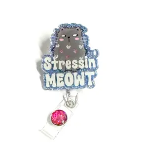 Stressin' Meowt Badge Reel Retractable Swivel Alligator Clip Cute Cat Design 2" Size for Office, Nurse, Pharmacy, Dental, Teacher