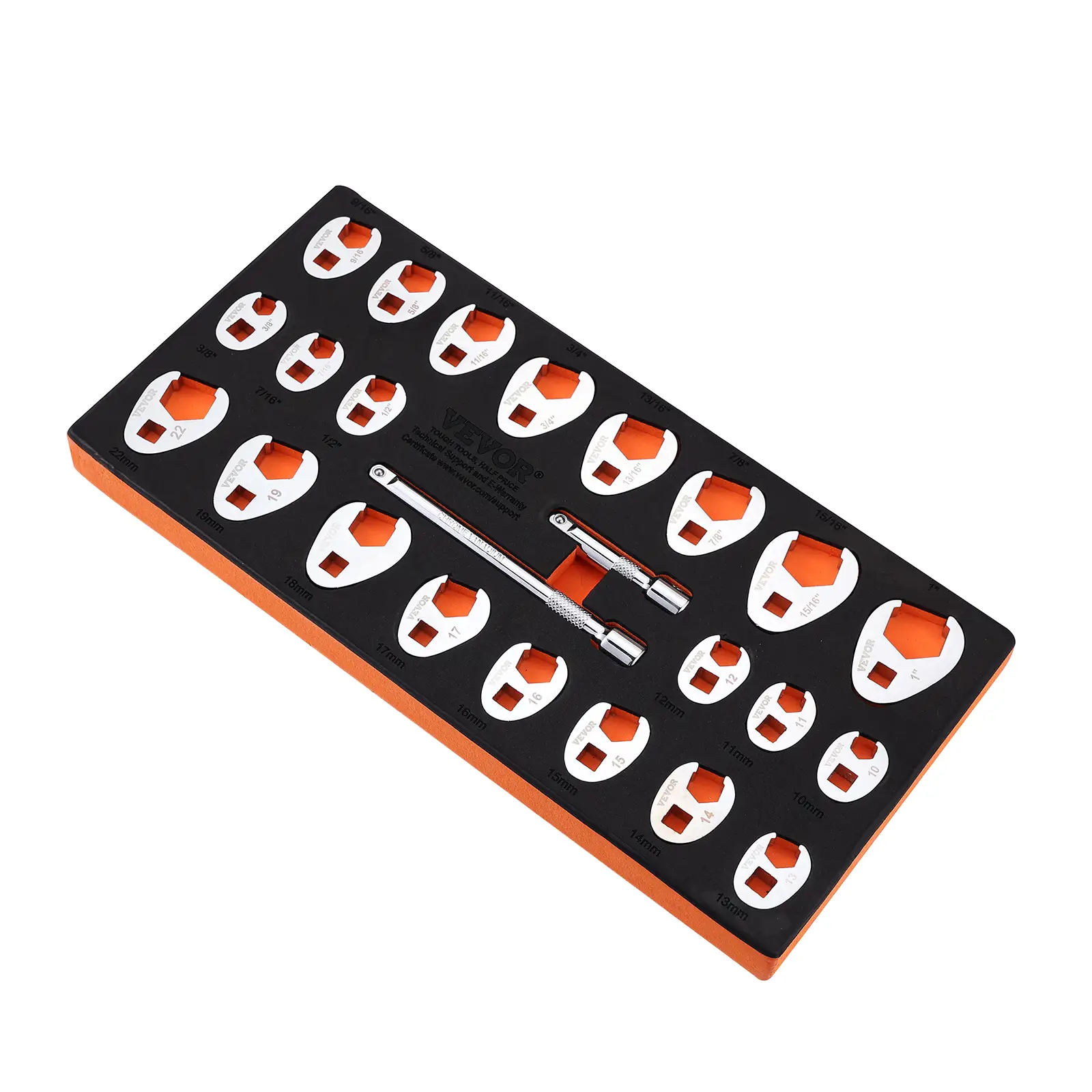 VEVOR 3/8" Drive Crowfoot Wrench Set with 2 Extension Bars, 24-Piece Crows Foot Wrench Set, CR-MO Steel, SAE & Metric Sizes, with EVA Tool Organizer