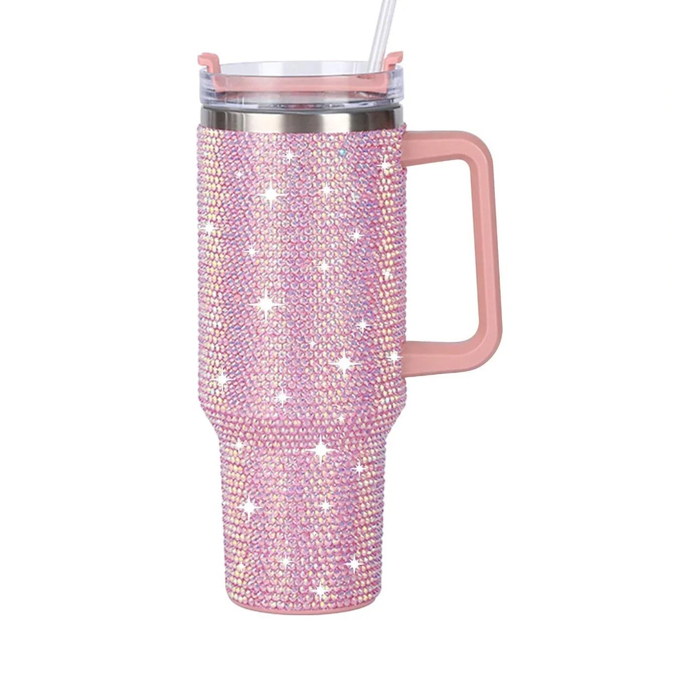 Car Stuff 40oz Shiny Diamond Stainless Steel Insulated Tumbler with Handle | Car Travel Mug | Keeps Hot & Cold