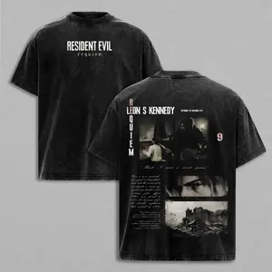 Resident Evil 9 Requiem Leon S Kennedy, Survival Horror Video Game Merch, Raccoon City Gaming Apparel, Vintage Washed Graphic Tees, Resident Evil Streetwear Oversized Tee, Unisex Casual Gaming Shirt, Horror Game Fan Gift
