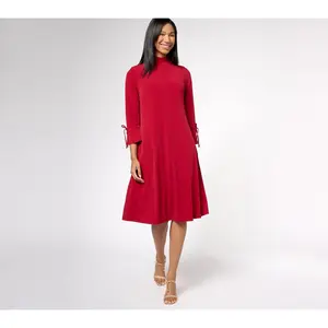 Susan Graver Petite Liquid Knit Mock-Neck Midi Dress with Tie Sleeves