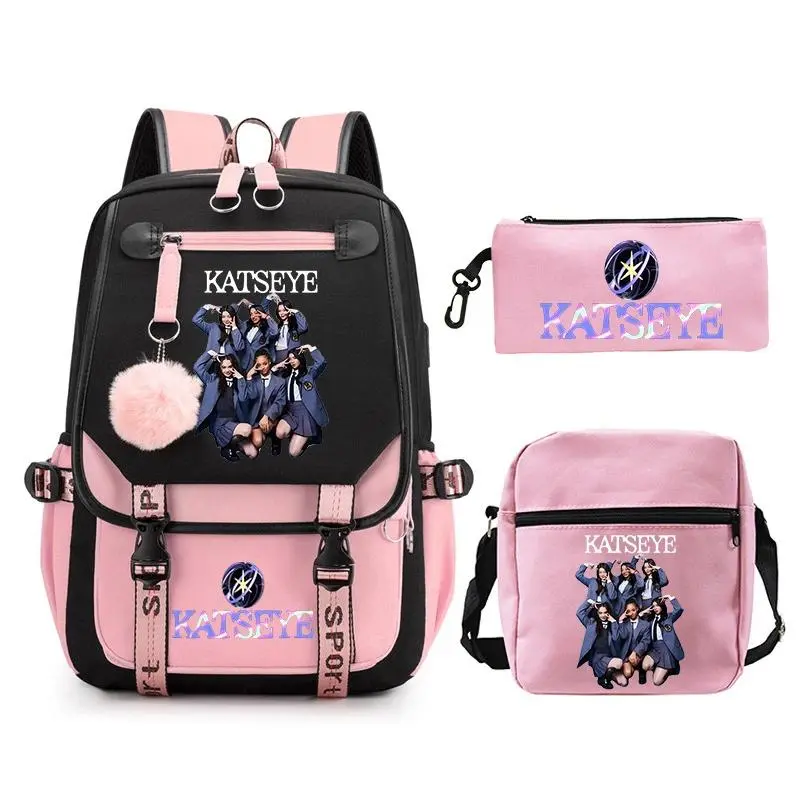 3pcs Katseye Kpop Printed Teenager Girls Backpack Shoulder Bags Pencil Case Set Students School Backpack Women Travel Mochila