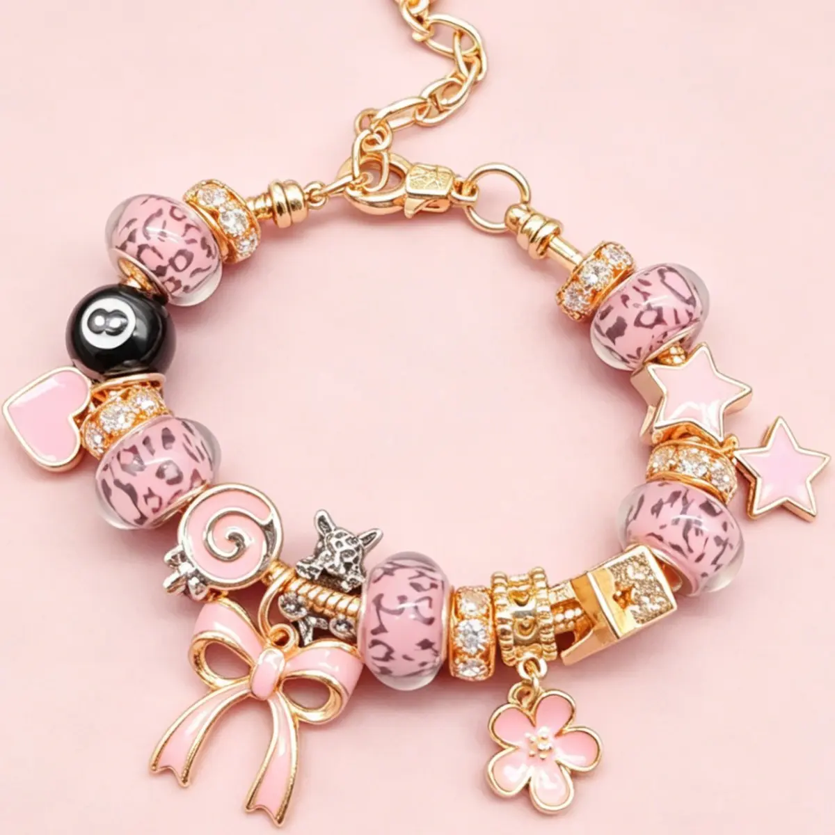 Detachable Cherry Bracelet with Leopard-Print Turtle Shell Zodiac Bow Pendant, Black 8 Bracelet Accessory