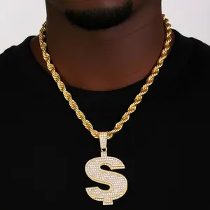 MaxBling81 Men's Iced CZ Money Symbol Large Pendant & 8mm 24in Thick Gold Cuban Rope Chain Necklace - High-Quality Polished Design, Daily Wear, Ideal Gift (8033), Gold Chain Necklace