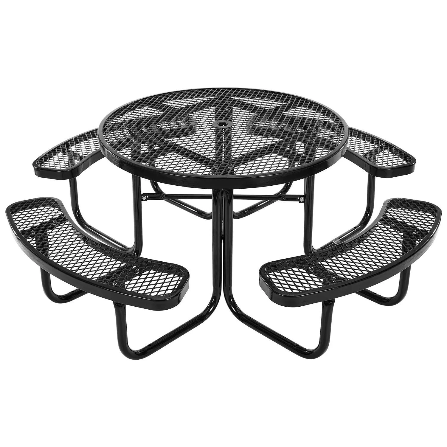 【SummerFinds】VEVOR Heavy-Duty Picnic Table, Outdoor Furniture Weather Resistant Patio Dining Set, Coated Steel Tables with Umbrella Hole, 46" Round Table and Bench Set, for Garden, Backyard, Porch (Black)