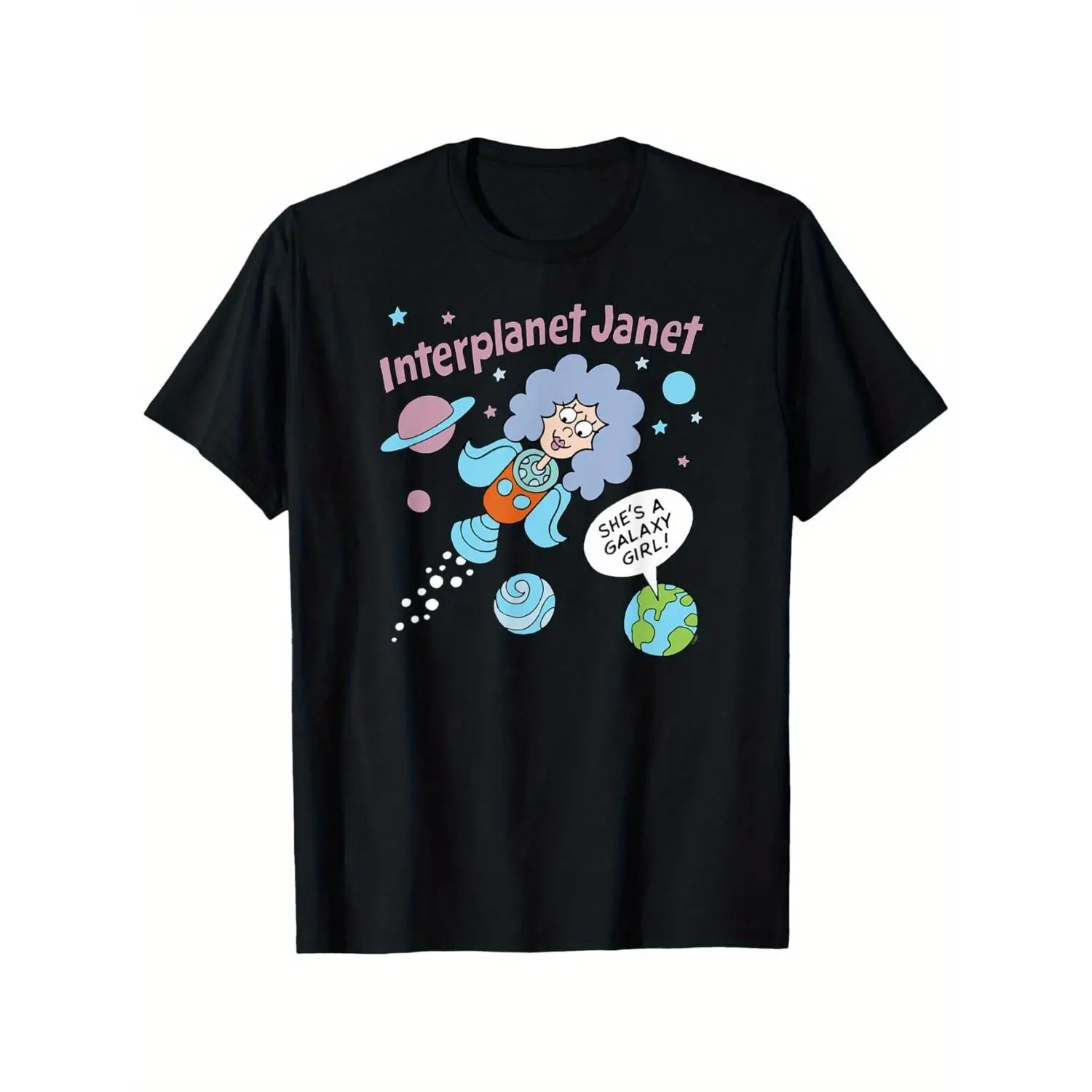 Men's 'Interplanet Janet' Graphic Cotton T-Shirt - Casual Round Neck Short-Sleeve Loose-Fit Menswear Clothes, Breathable All-Seasons High-Res Print, Skin-Friendly, Machine Washable