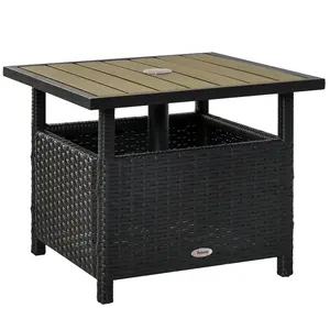 Dreamzon Outsunny 22'' Rattan Wicker Side Table with Steel Frame, Umbrella Insert Hole, Sand Bag for Outdoor, Patio, Garden, Backyard, Black & Tan