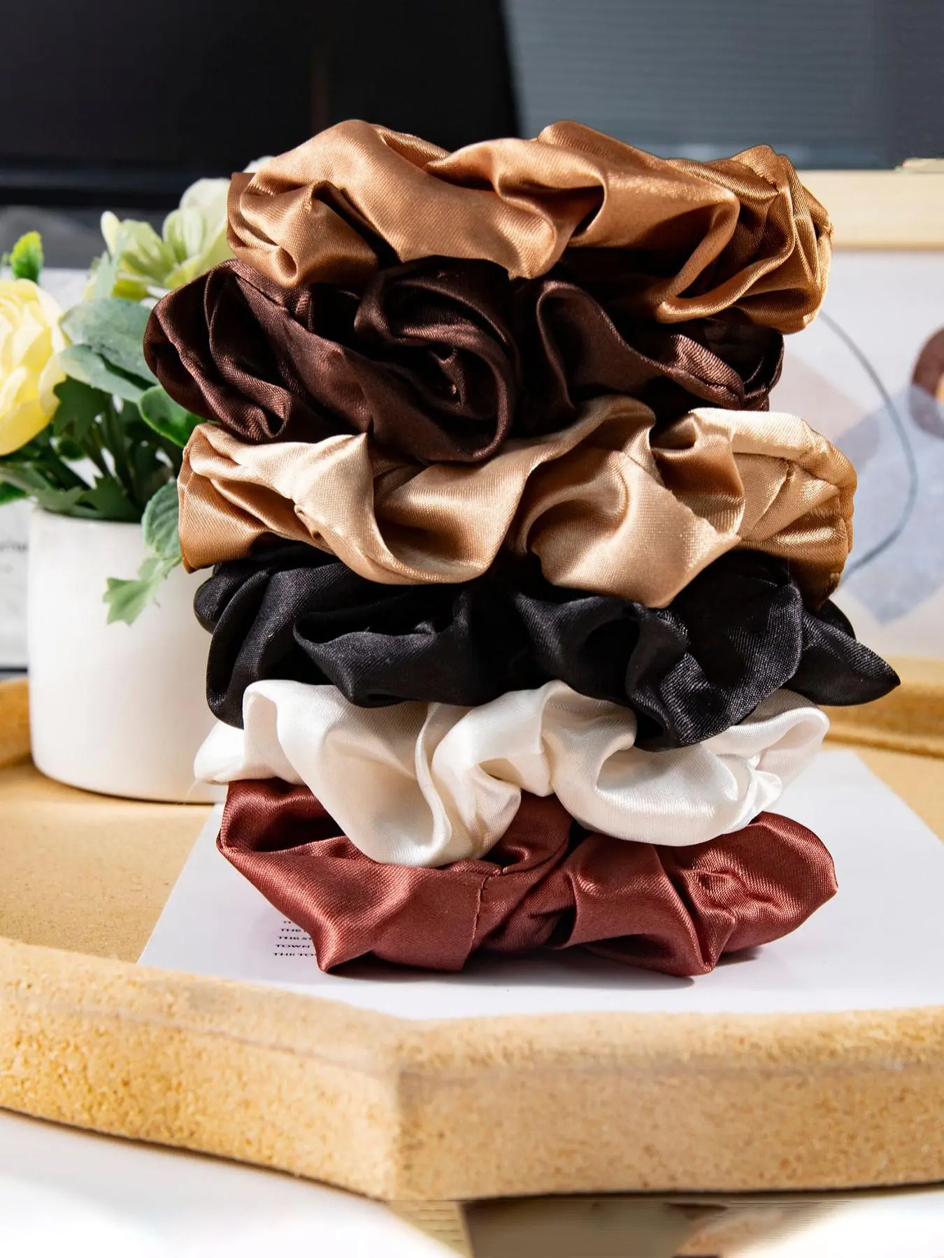 Women's Elegant Solid Color Satin Scrunchies, Wavy Curly Scrunchies, 6pcs/set Casual Simple High Stretch Hair Ties for Women & Girls, Minimalist Vintage Hair Accessories for Party, Daily Hairstyle Decor