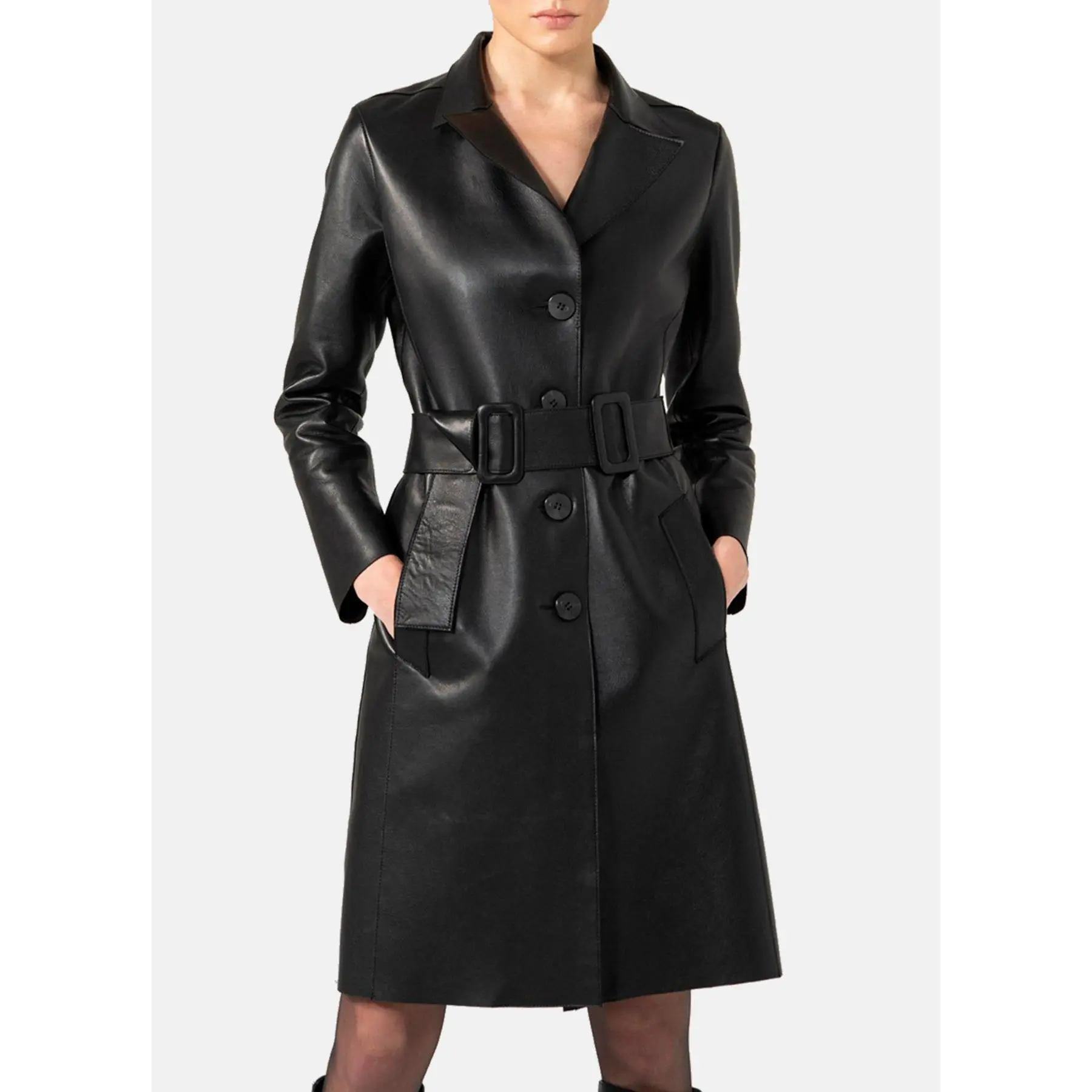 Womens Smooth Black Trench Leather Coat