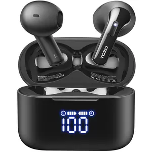 TOZO T21 Earbuds, 5.3 Bluetooth Headphone, Sem in Ear with Dual Mic Noise Cancelling, IPX8 Waterproof, Stereo Sound with Power Display Charging Case Black Audio Connection Digital Headset Workout Electronic wireless earphone app control FatherDayGift Gift