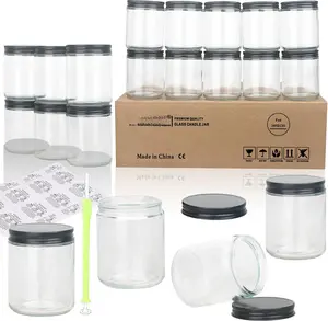 20 Pack 8 OZ Thick Glass Clear Candle Jars with  Black Metal -Bulk Empty Candle Jars for Making Candles-Canning Jar for , Liquid, Sample- Dishwasher Safe.