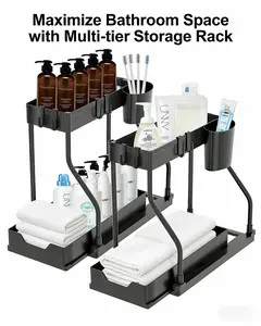 under cabinet organizer, sink rack storage, Sliding Under Sink Storage Organizer 2-Tier with Frame, Pull-Out Basket, Home & Kitchen Space Saving Storage Solution for Kitchen, Bathroom and Laundry