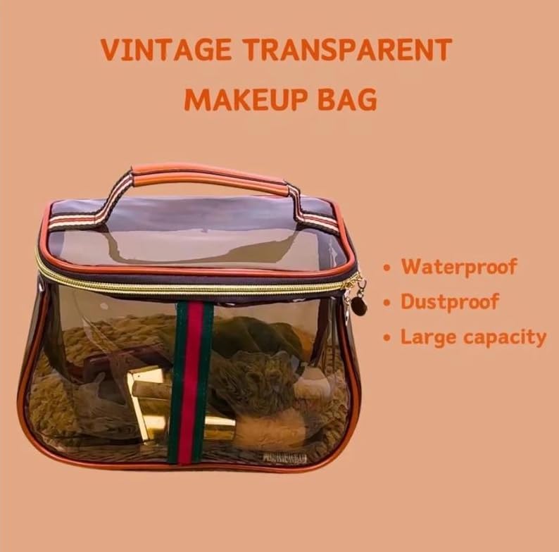 Vintage Waterproof Clear Cosmetic Bag - Wide Handheld Large Capacity Travel Toiletry Organizer for Women