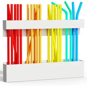 Metal Straw Holder for Cabinet Door with  and Double Sided Adhesive Tape, Tumbler Straw Organizer Storage for Refrigerator,Kitchen Accessories Container (White)