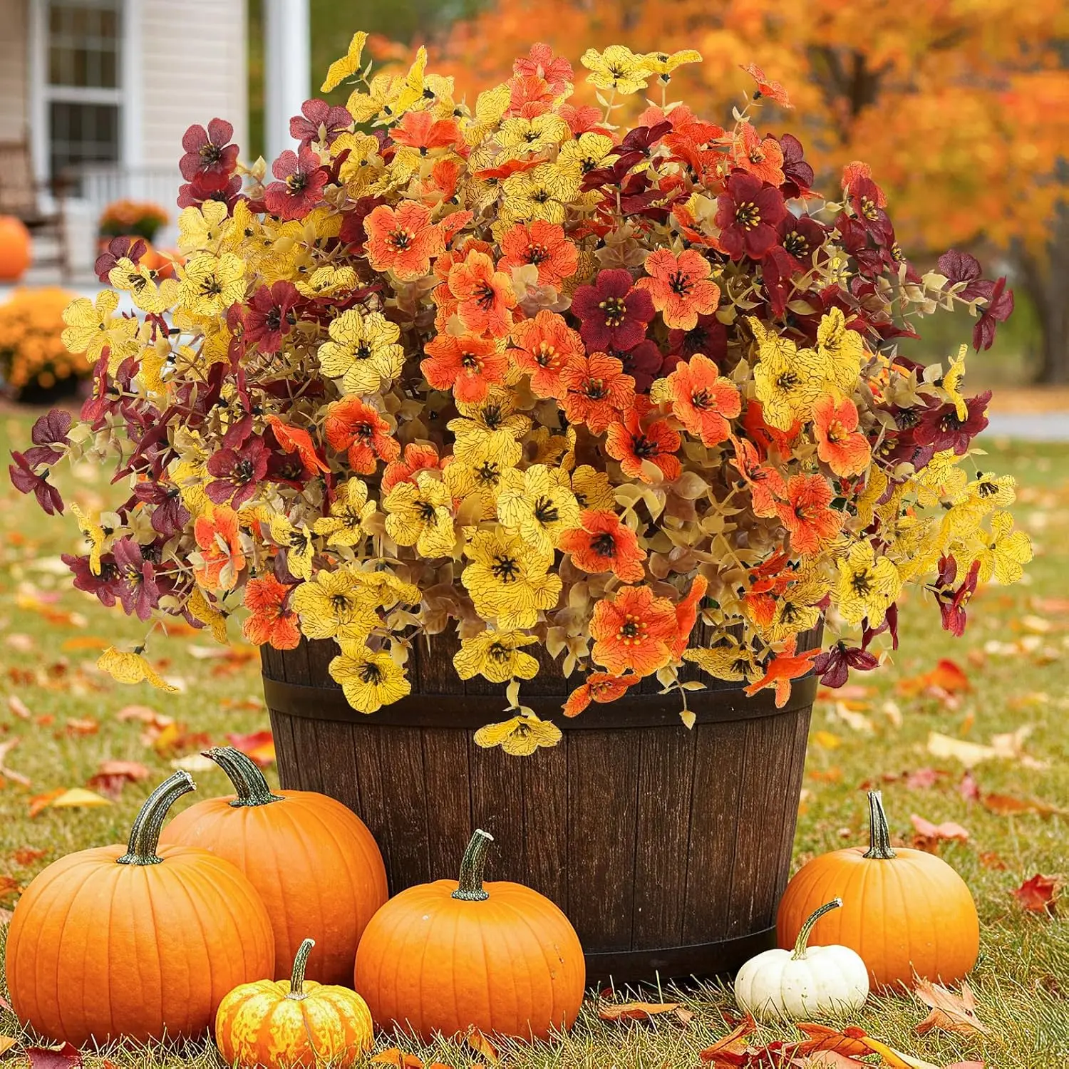 12pcs Artificial Fall Flowers Outdoors UV Resistant Fake Mums Bulk Outside Faux Mums Plants Decorations for Home Garden Porch Hanging Planter Autumn Decor, 12 Bundles (Mix Orange Yellow Fall Red)