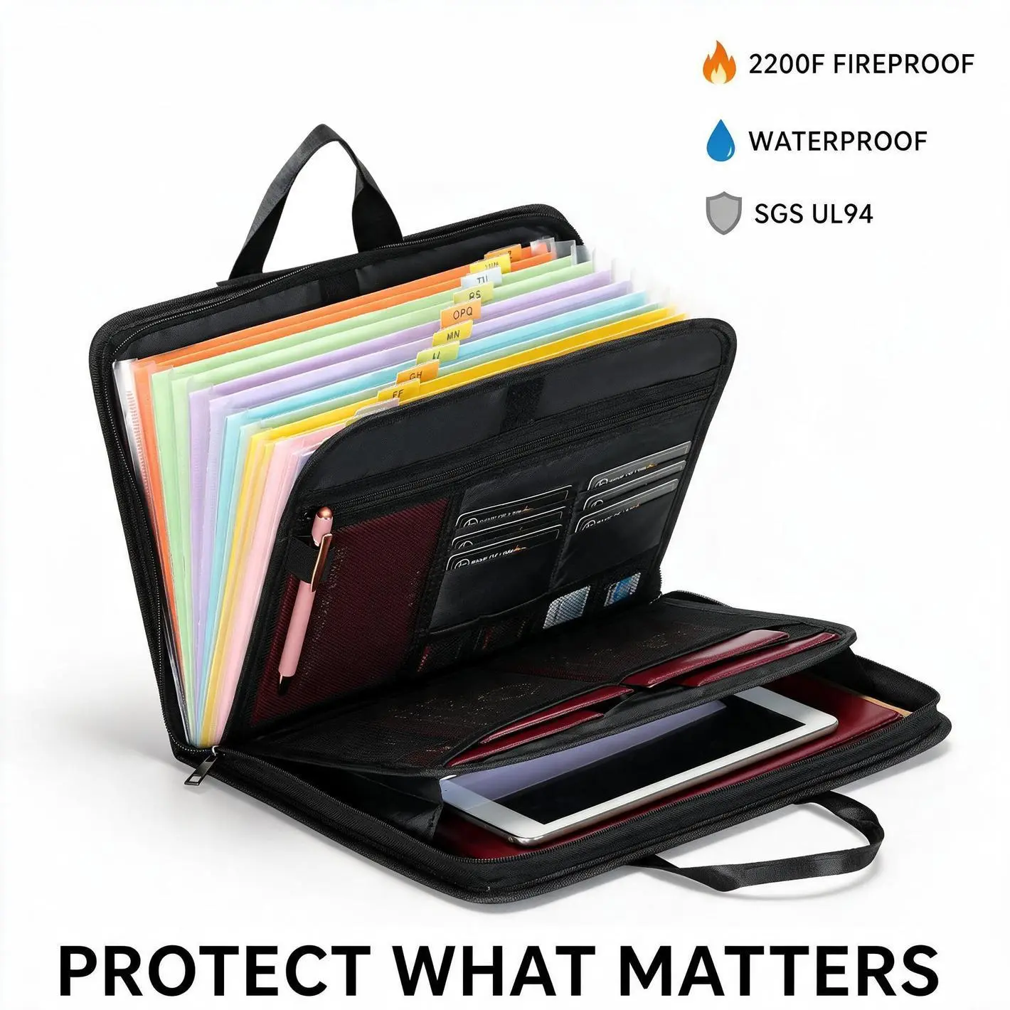 Waterproof Travel Safe File Bag, 13 Compartment A4 Fireproof Folder for Passports and Important Vouchers