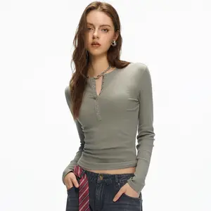 JCCC Henry Collar Gray long-sleeved High-Stretch Top With Inner Base Layer Y2K Shirt Slim Fit Ruched Crop Top Long Sleeves Spring Fall Blouse Going Out Shirt Womenswear