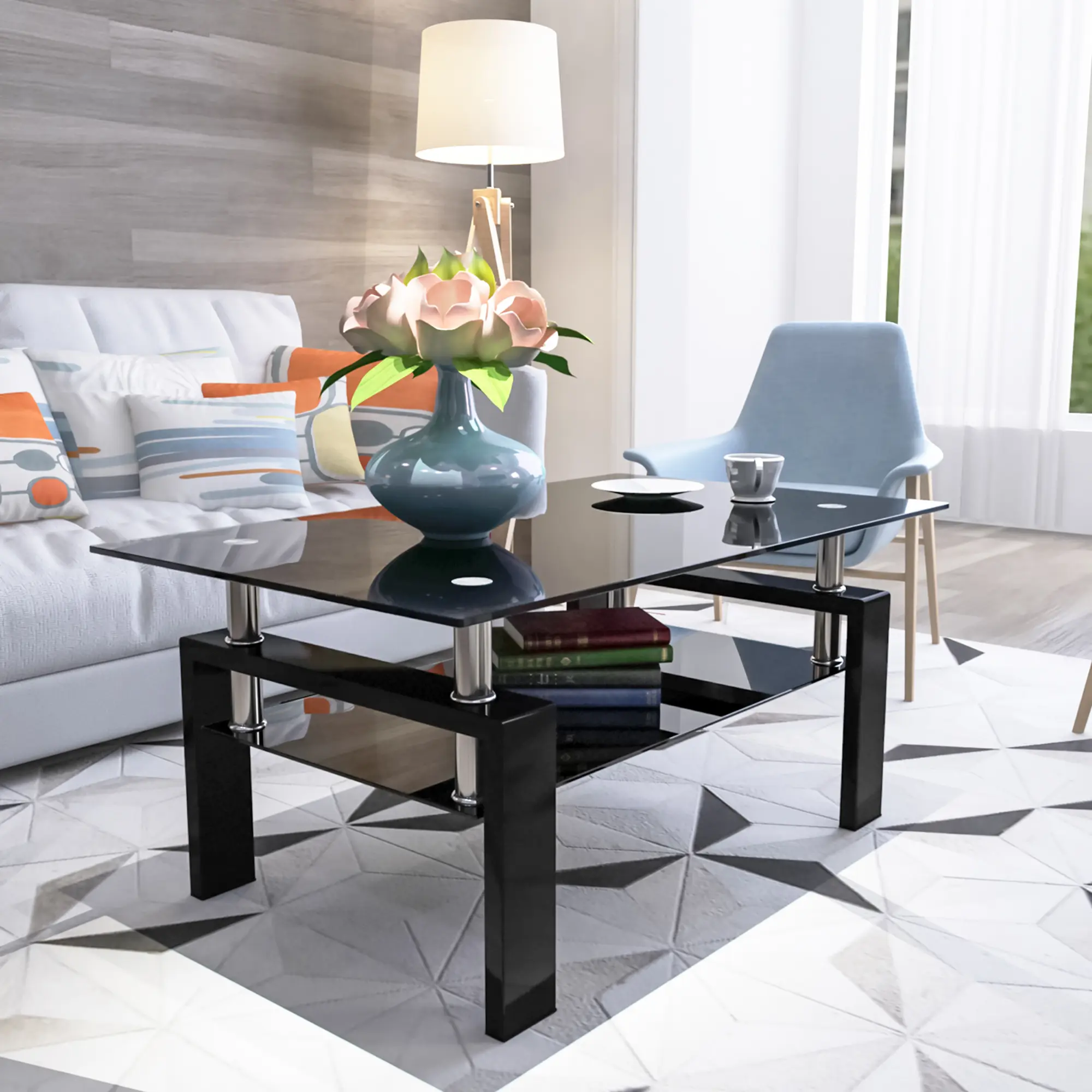 Eyisean 39" Rectangle Glass Coffee Table, Modern Clear Coffee Table with Metal Legs, Side Center Tables with Double Layer Storage Space, Easy-to-Assemble for Living Room, Apartment