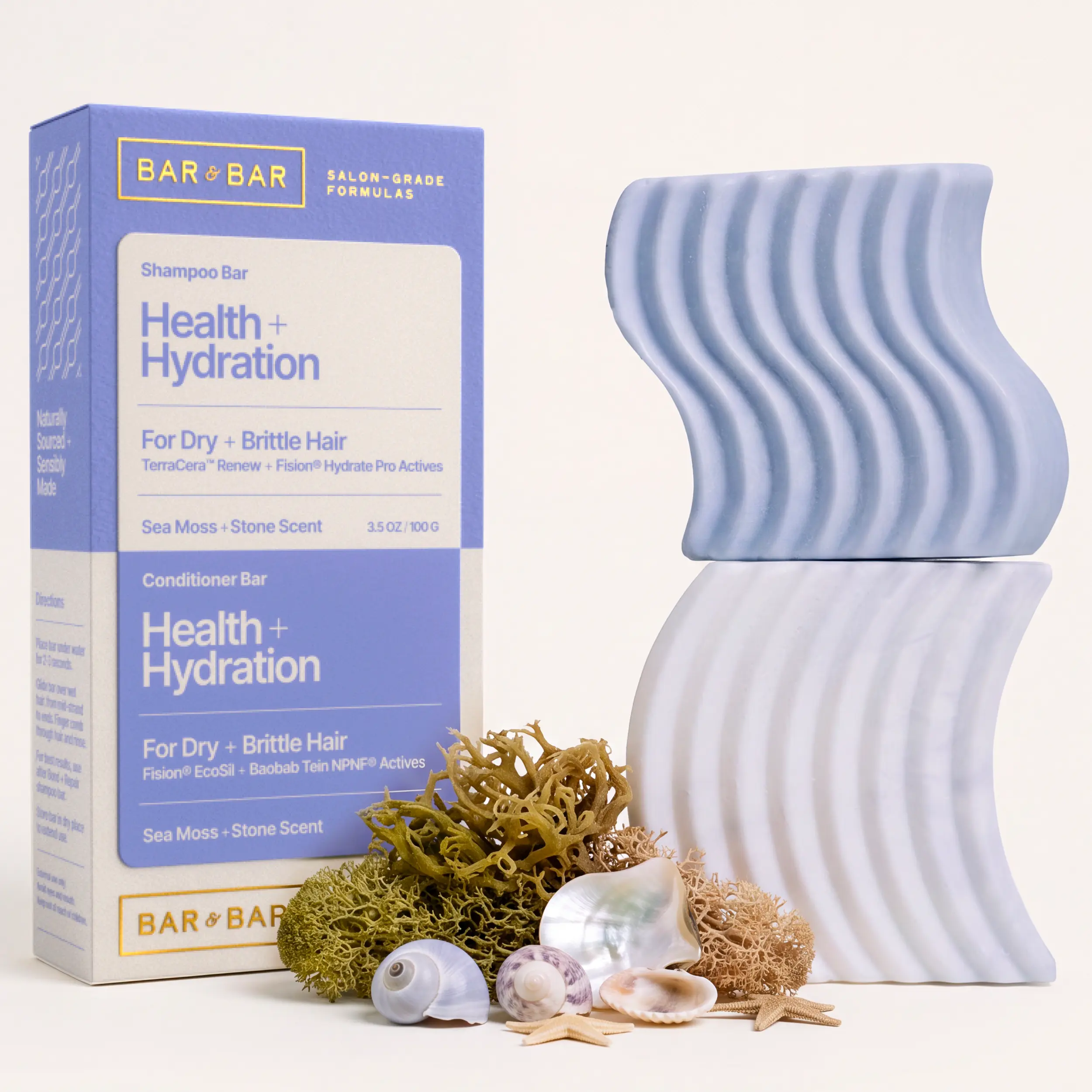 Bar & Bar Shampoo and Conditioner Bar Set – Health + Hydration – Hydrating Solid Hair Care Duo – Dry Hair – Moisture Restore – Sea Moss & Stone