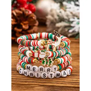 Christmas Beaded Bracelets Set Soft Clay Letter Decorations Reindeer Snowman Tree Designs Party Jewelry Gift for Women