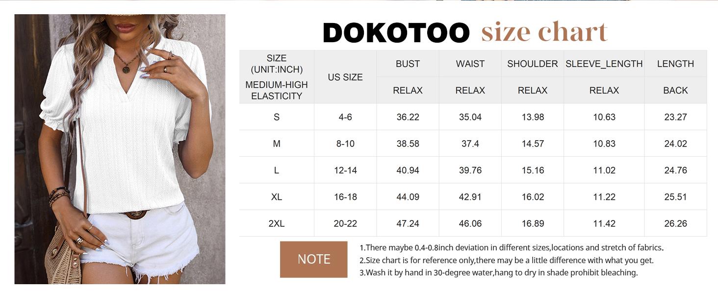 Dokotoo Women's Summer Short Puff Sleeves V Neck Blouse in Solid Knit Textured Fabric Casual Shirts for Everyday Wear