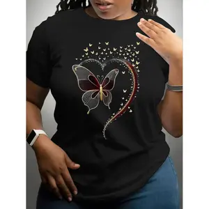 Women's Plus Size Heart Butterfly Print Round Neck T-Shirt, Casual Short Sleeve Top, Spring Summer Fashion, Long Clothing, Fitted