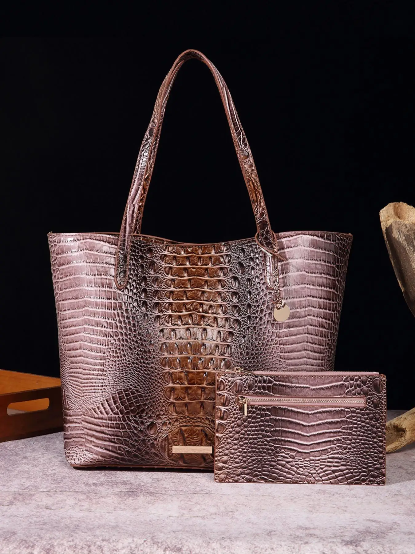 Fashion Crocodile Embossed Tote Bag & Square Bag, Large Capacity Shoulder Bag & Clutch Purse for Women, Casual Versatile High-quality Daily Commuting