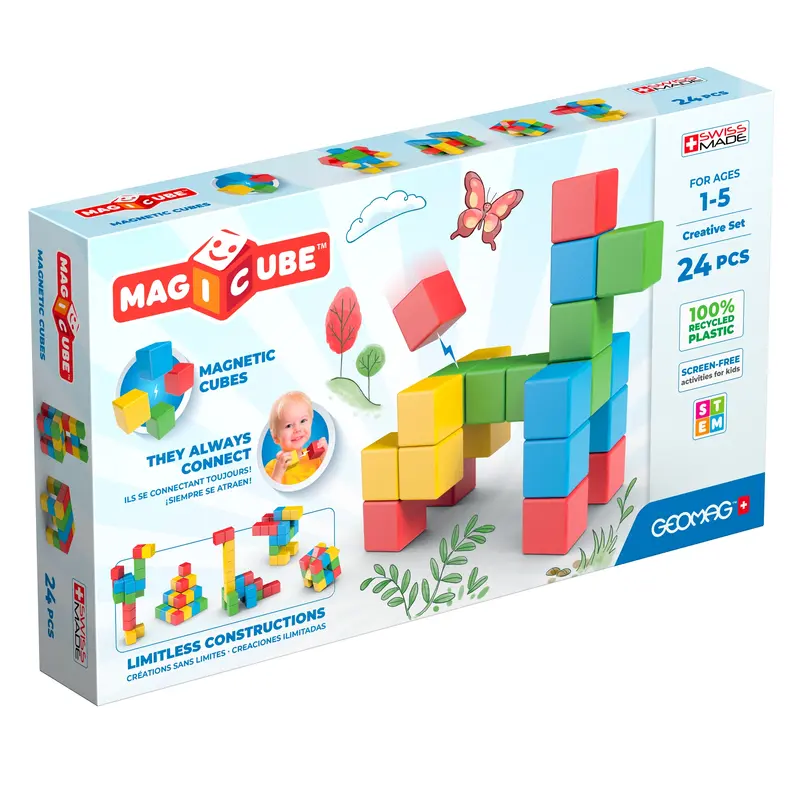 Geomag MagiCube 24-pc Magnetic Blocks Set for Toddlers & Kids Ages 1-5 | Swiss-Made STEM Educational Toy Made from 100% Recycled Plastic | Creative Early Learning Play
