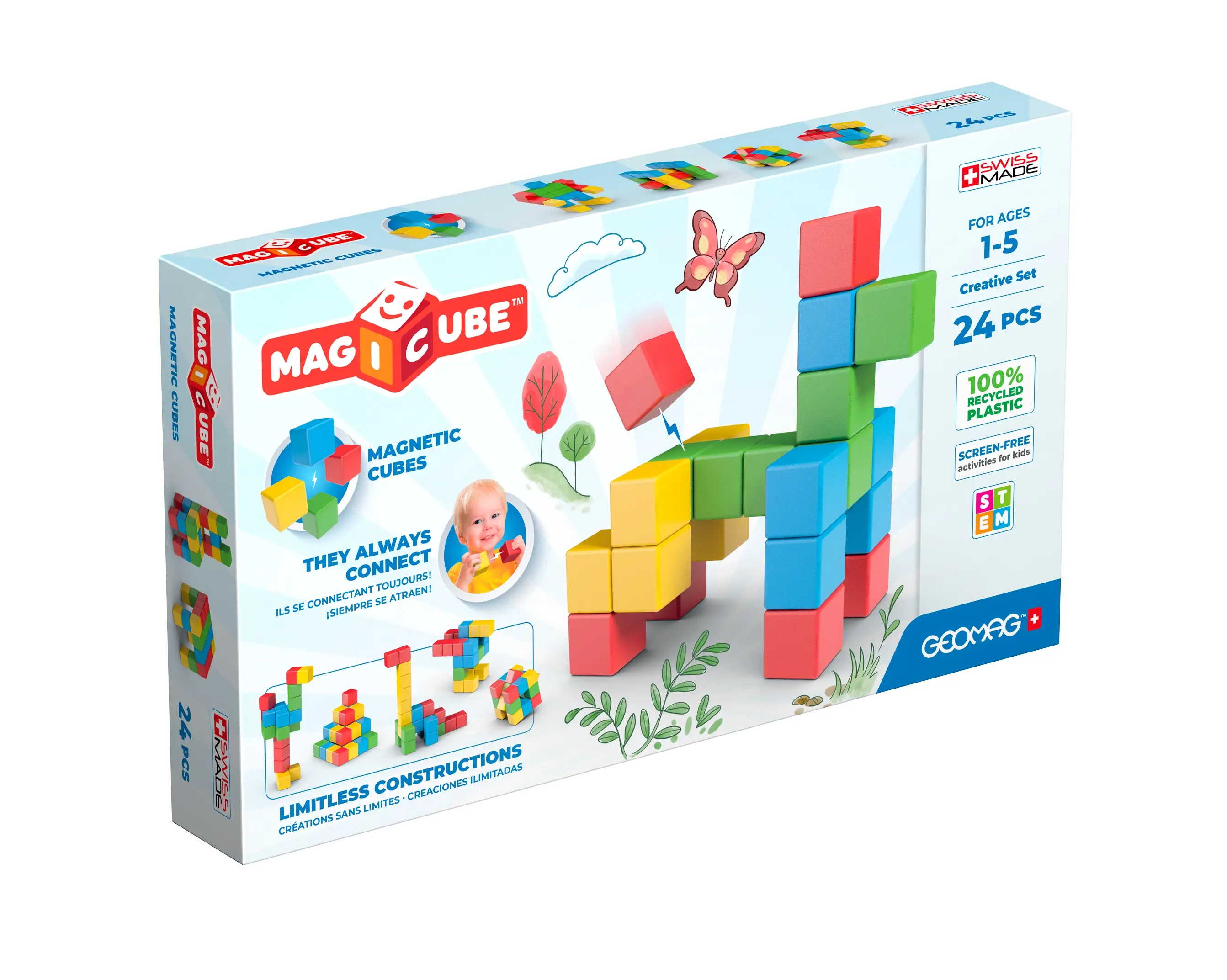 Geomag MagiCube 24-pc Magnetic Blocks Set for Toddlers & Kids Ages 1-5 | Swiss-Made STEM Educational Toy Made from 100% Recycled Plastic | Creative Ea