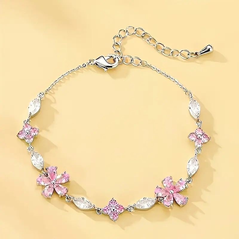 Women's Cute Fashion Pink Cherry Blossom Flower Bracelet - 1PCS Metal Coated Adjustable Bangle with Square Cubic Zirconia Rhinestone Accents, Bracelets for Women for Parties