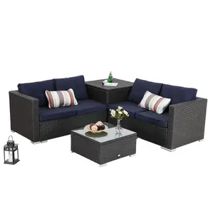 PHI VILLA Outdoor Loveseat Rattan Sectional Sofa - Patio Wicker Furniture Set, Navy Blue, 4-Piece for Backyard, Ergonomic Storage, FathersDayGift