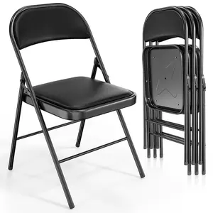 VINGLI Folding Chairs with Padded Seats, Metal Frame with Pu Leather Seat & Back, Capacity 350 lbs, Black/Blue/White, Set of 4/6/10