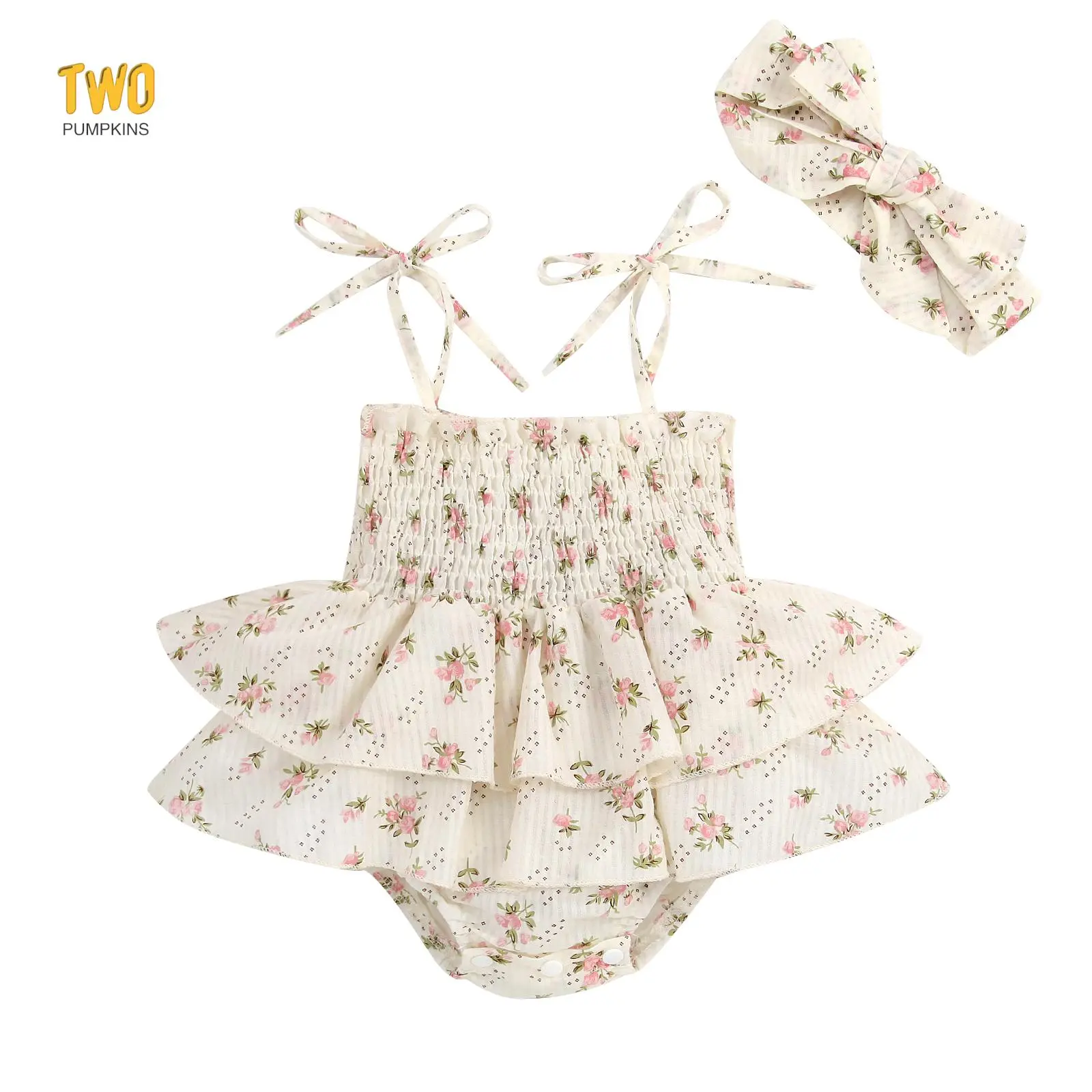 Baby Girl Summer Jumpsuit Set Floral Elasticated Bust Sleeveless Ruffled Romper with Bow Headband