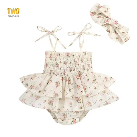 Baby Girl Summer Jumpsuit Set Floral Elasticated Bust Sleeveless Ruffled Romper with Bow Headband